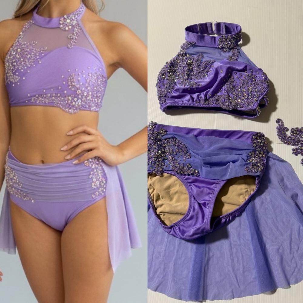Custom Glamorous solo dance costume purple lavender 2 piece illusion XSA adul